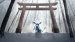  arch bare_tree closed_mouth commentary_request glaceon nekowachi_(redsugar0126) no_humans one_eye_closed outdoors pokemon pokemon_(creature) sitting snow solo tree 
