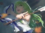  1girl bare_shoulders detached_sleeves frog_hair_ornament gohei green_hair hair_between_eyes hair_ornament highres holding holding_stick kochiya_sanae kureihii looking_to_the_side one_eye_covered open_mouth solo stick touhou upper_body 