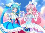  2girls ascot blue_cape cape commentary cure_prism cure_sky detached_sleeves dress english_commentary glove_bow green_eyes hand_on_hip heart heart_hands heart_hands_duo highres hirogaru_sky!_precure long_hair magical_girl multiple_girls nijigaoka_mashiro open_mouth pink_hair precure puffy_detached_sleeves puffy_sleeves single_sidelock smile sora_harewataru twintails two-sided_cape two-sided_fabric venuscho very_long_hair white_ascot white_dress wing_hair_ornament 