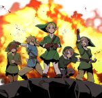  belt blonde_hair brown_hair crossed_arms explosion green_headwear green_tunic hair_over_one_eye highres link looking_at_viewer makuro multiple_persona pointy_ears pose sentai standing strap the_legend_of_zelda the_legend_of_zelda:_a_link_to_the_past the_legend_of_zelda:_breath_of_the_wild the_legend_of_zelda:_ocarina_of_time the_legend_of_zelda:_skyward_sword the_legend_of_zelda:_twilight_princess 