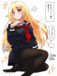  1girl akichin_(atelier_baguri) alternate_costume atago_(kancolle) black_legwear black_serafuku black_shirt black_skirt blonde_hair breasts green_eyes kantai_collection large_breasts long_hair long_sleeves miniskirt neckerchief pantyhose pleated_skirt red_neckerchief school_uniform serafuku shirt skirt solo translation_request 