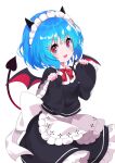  1girl alternate_costume blue_hair blush demon_girl demon_horns demon_tail demon_wings eyebrows_visible_through_hair fang highres horns long_sleeves looking_at_viewer maid maid_headdress open_mouth red_eyes remilia_scarlet short_hair sleeves_past_wrists smile tail touhou vampire wings yuujin_(yuzinn333) 