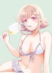  1girl bangs bikini breasts commentary_request cup danganronpa_(series) danganronpa_2:_goodbye_despair drinking_glass drinking_straw eyebrows_visible_through_hair flipped_hair galaga grey_background hair_ornament light_brown_hair looking_at_viewer medium_hair mouth_hold nanami_chiaki navel simple_background sketti solo swimsuit white_bikini 