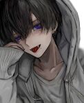  1boy bangs black_hair ear_piercing fangs hair_between_eyes highres hood hood_up hooded_jacket hzk_(user_kemd2843) jacket jewelry long_sleeves looking_at_viewer male_focus mole mole_under_mouth original piercing shirt simple_background solo symbol-only_commentary tongue tongue_out upper_body violet_eyes white_jacket white_shirt 