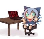  1girl artist_name bangs blue_bow blue_dress blue_eyes blue_hair blue_ribbon blue_wings bow chair character_doll chibi cirno closed_mouth collar collared_shirt computer desk dress english_commentary full_body fumo_(doll) giygas hair_bow hair_ribbon ice ice_wings jerma985 laptop looking_at_viewer meme mother_(game) mother_2 multicolored_clothes multicolored_dress neck_ribbon office_chair pinafore_dress puffy_short_sleeves puffy_sleeves red_ribbon ribbon shirt short_hair short_sleeves signature simple_background sitting skullchimes sleeves smile solo thumbs_up touhou v-shaped_eyebrows when_the_imposter_is_sus_(meme) white_background white_shirt wings 