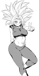  1girl arm_behind_back big_hair blush breasts covered_nipples crop_top dragon_ball dragon_ball_super earrings greyscale highres jewelry kefla_(dragon_ball) large_breasts looking_at_viewer midriff monochrome navel pants potara_earrings rom_(20) smile solo spiky_hair super_saiyan v 