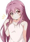 1girl ahoge bangs bare_shoulders blush camisole closed_mouth collarbone commentary eyebrows_visible_through_hair hair_between_eyes hand_in_hair hand_up highres long_hair looking_at_viewer minatsuki_hitoka notice_lines purple_hair simple_background solo sugiura_ayano very_long_hair violet_eyes white_background white_camisole yuru_yuri 