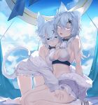  2girls :3 absurdres alchemy_stars all_fours animal_ears bangs bare_shoulders bikini blue_eyes breasts cat_ears cat_girl cat_tail center_opening closed_mouth clouds fang frilled_shirt frills fur fur-trimmed_jacket fur_trim hair_between_eyes hair_ornament highres jacket long_hair looking_at_viewer medium_breasts multiple_girls navel open_clothes open_jacket open_mouth philyshy_(alchemy_stars) shirt short_hair shorts sitting smile stomach swimsuit tail white_bikini white_hair white_jacket white_shorts x_hair_ornament yellow_eyes yowza yumi_(alchemy_stars) 