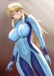  1girl absurdres bangs blonde_hair blue_bodysuit blue_eyes blush bodysuit breasts closed_mouth highres higofushi large_breasts long_hair looking_at_viewer metroid samus_aran skin_tight swept_bangs zero_suit 