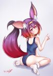  1girl \n/ absurdres animal_ear_fluff animal_ears blush boppin breasts eyebrows_visible_through_hair eyes_visible_through_hair fox_ears fox_girl fox_tail from_behind hatsuse_izuna highres looking_at_viewer looking_back medium_hair multicolored_hair no_game_no_life no_shoes orange_hair pink_eyes pink_hair purple_hair school_swimsuit signature simple_background sitting small_breasts socks soles solo swimsuit tail wariza white_legwear 