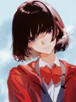  1girl absurdres bangs blue_eyes blue_sky blush bow bowtie breath brown_hair closed_mouth collared_shirt commentary expressionless head_tilt highres jacket looking_at_viewer matsunaga777 original outdoors red_bow red_bowtie red_jacket shirt short_hair sky solo white_shirt 