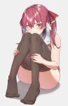  1girl ass covering_mouth hair_ribbon highres hololive houshou_marine hugging_own_legs knees_to_chest looking_at_viewer medium_hair no_shoes open_mouth redhead reulem ribbon simple_background sitting solo thigh-highs thighs twintails virtual_youtuber white_background 