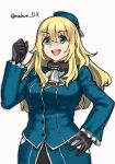  1girl atago_(kancolle) beret black_gloves blonde_hair blue_headwear breasts clenched_hand commentary_request cowboy_shot gloves hand_on_hip hat kantai_collection large_breasts long_hair makun_dx military military_uniform one-hour_drawing_challenge open_mouth round_teeth simple_background solo standing teeth twitter_username uniform upper_teeth white_background 