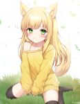  1girl :t =3 animal_ears bangs between_legs black_legwear blonde_hair blush closed_mouth collarbone commentary commission eyebrows_visible_through_hair facial_mark falling_leaves fox_ears fox_girl fox_tail grass green_eyes hand_between_legs highres leaf long_hair looking_at_viewer no_shoes off_shoulder on_ground original pixiv_request shiny shiny_hair single_bare_shoulder sitting sleeves_past_wrists solo spaghetti_strap sweater tail thigh-highs twitter_username v-shaped_eyebrows v_arms wariza white_background wind yellow_sweater zky_(oekaky) 