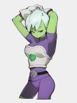  1girl armor arms_up bodysuit cheelai colored_skin dragon_ball dragon_ball_super dragon_ball_super_broly gloves green_skin grey_background kemachiku looking_to_the_side purple_bodysuit short_hair simple_background solo violet_eyes white_gloves white_hair 