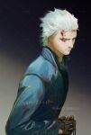  1boy blood blood_on_clothes blood_on_face blue_eyes coat devil_may_cry_(series) devil_may_cry_3 fingerless_gloves gloves hair_slicked_back highres holding male_focus rumpp176289 solo vergil_(devil_may_cry) white_hair 