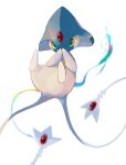  absurdres azelf blurry commentary_request covering_mouth forehead_jewel green_eyes hands_up highres looking_at_viewer no_humans pokemon pokemon_(creature) solo white_background yunimaru 