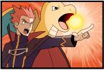  1boy border brown_cape cape commentary_request dragonite hyper_beam_(pokemon) jacket jaho lance_(pokemon) long_sleeves male_focus open_mouth outstretched_arm pink_hair pointing pokemon pokemon_(creature) pokemon_(game) pokemon_hgss spiky_hair teeth tongue upper_body white_border 