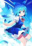  1girl absurdres bangs blue_bow blue_dress blue_eyes blue_hair blue_sky bow cirno closed_mouth clouds collared_shirt dress eyebrows_visible_through_hair hair_bow highres ice ice_wings looking_at_viewer neck_ribbon outdoors pinafore_dress puffy_short_sleeves puffy_sleeves red_ribbon ribbon shirt short_hair short_sleeves sky smile solo touhou water white_shirt wings yuujin_(yuzinn333) 