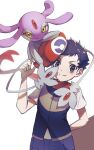  1boy arm_behind_back black_hair blush closed_mouth commentary_request floating_scarf hat highres looking_at_viewer lucas_(pokemon) male_focus mesprit pants pokemon pokemon_(creature) pokemon_(game) pokemon_dppt red_headwear red_scarf scarf short_hair short_sleeves smile sora_no87 split_mouth 