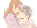  1boy 1girl :d bangs brown_hair closed_mouth forehead-to-forehead frilled_shirt frills headband heads_together highres hug jiukuzi18797 long_hair long_sleeves marius_von_hagen_(tears_of_themis) open_mouth pink_shirt purple_hair rosa_(tears_of_themis) shirt short_hair simple_background smile tears_of_themis white_background 