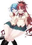  2girls absurdres blue_eyes blue_hair bow hair_bow hair_ornament highres long_hair looking_at_viewer magical_girl mahou_shoujo_madoka_magica miki_sayaka misteor mitakihara_school_uniform multiple_girls ponytail red_eyes redhead sakura_kyouko school_uniform short_hair simple_background white_background 