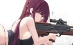  1girl :/ artist_name back bangs blunt_bangs blush breasts bullpup closed_mouth covered_nipples from_side girls_frontline gun highres holding holding_gun holding_weapon jewelry keenh large_breasts long_hair looking_at_viewer looking_to_the_side lying on_stomach ponytail purple_hair rifle ring scope sideboob simple_background sniper_rifle solo trigger_discipline tsundere upper_body v-shaped_eyebrows violet_eyes wa2000_(girls&#039;_frontline) walther walther_wa_2000 weapon white_background 