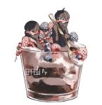  2boys :d absurdres ahoge bangs berry black_coat black_eyes black_hair blackberry_(fruit) blueberry coat covered_mouth currant dessert fatalbug896 food food_focus food_on_face fruit glass hair_between_eyes high_collar highres holding holding_spoon in_food long_sleeves looking_at_viewer male_focus miniboy multiple_boys open_mouth original raspberry short_hair signature simple_background sleeves_past_fingers sleeves_past_wrists smile spoon sweets turtleneck watermark whipped_cream white_background 