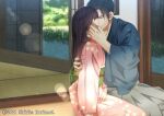  1boy 1girl artist_name black_hair blue_kimono brown_hair closed_eyes couple dated day grey_hakama hakama highres hug izumi_(stardustalone) japanese_clothes kimono kiss lens_flare long_sleeves pink_kimono renri_no_chigiri_wo_kimi_to_shiru sitting tatami veranda 