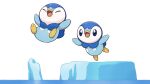  blue_eyes closed_eyes commentary_request diving iceberg no_humans official_art open_mouth outstretched_arms piplup pokemon pokemon_(creature) project_pochama toes tongue white_background 