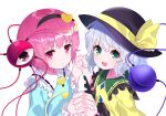  2girls black_headwear blush closed_mouth green_eyes green_hair hat hat_ribbon highres holding_hands komeiji_koishi komeiji_satori long_sleeves looking_at_viewer multiple_girls open_mouth pink_eyes pink_hair ribbon short_hair siblings sisters smile third_eye touhou yellow_ribbon yuujin_(yuzinn333) 