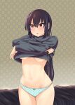  1girl absurdres alternate_costume black_hair black_sweater blue_panties breasts clothes_lift cowboy_shot highres jousanrou kantai_collection large_breasts lifted_by_self long_hair long_sleeves nagato_(kancolle) navel panties polka_dot polka_dot_panties red_eyes solo sweater sweater_lift under_boob underwear undressing 