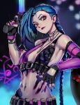  1girl bangs bare_shoulders belt blue_hair blue_nails blurry blurry_background braid breasts bullet choker closed_mouth datcravat fingerless_gloves gloves gun hand_up highres holding holding_gun holding_weapon jewelry jinx_(league_of_legends) league_of_legends long_hair navel necklace pink_eyes pink_nails shiny shiny_skin single_sleeve small_breasts solo stomach tattoo twin_braids weapon 