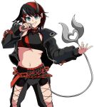  1girl absurdres bangs black_hair black_jacket black_pants black_sports_bra blue_eyes breasts chain commentary_request cross-laced_pants demon_girl demon_horns demon_tail ear_piercing eyebrows_visible_through_hair feet_out_of_frame grin highres holding holding_microphone horns jacket large_breasts looking_at_viewer maki-kun microphone midriff multicolored_hair navel open_clothes open_jacket pants piercing pointy_ears red_sports_bra redhead ryugasaki_rene short_hair simple_background smile solo sports_bra sugar_lyric tail transparent_background two-tone_hair under_boob v-shaped_eyebrows zipper 
