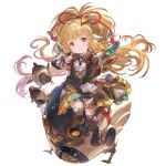  1girl animal_ears bangs bare_shoulders bird blonde_hair boots breasts chibi chicken earrings eyebrows_visible_through_hair granblue_fantasy hair_ornament harvin jewelry knee_boots long_hair looking_at_viewer machine mahira_(granblue_fantasy) minaba_hideo official_art red_eyes robot_animal simple_background sitting small_breasts thigh-highs white_background 
