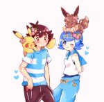  1boy 1girl ash_ketchum bangs blue_eyes blue_hair blue_pants blue_sailor_collar blue_shirt blush bright_pupils brown_eyes brown_hair brown_pants catsubun_(kkst0904) commentary eevee freckles hairband heart lana_(pokemon) on_head one-piece_swimsuit pants pikachu pokemon pokemon_(anime) pokemon_(creature) pokemon_(game) pokemon_on_head pokemon_sm pokemon_sm_(anime) sailor_collar shirt short_hair short_sleeves sleeveless sleeveless_shirt smile striped striped_shirt swimsuit swimsuit_under_clothes t-shirt white_pupils white_shirt yellow_hairband 