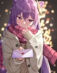  1girl absurdres amco blush braid casual coat double_bun genshin_impact hair_bun hair_ornament hairclip heart highres keqing_(genshin_impact) long_hair long_sleeves looking_at_viewer looking_to_the_side love_letter purple_hair red_scarf scarf sleeves_past_wrists solo sweater tsundere twintails violet_eyes winter_clothes winter_coat 