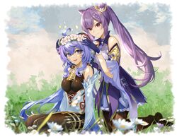  2girls ahoge bangs bare_shoulders bell black_legwear blue_gloves blue_hair blush breasts detached_sleeves dress field flower flower_field flower_knot ganyu_(genshin_impact) genshin_impact gloves gold_trim hair_cone hair_flower hair_ornament highres horns keqing_(genshin_impact) kneeling long_hair medium_breasts multicolored_eyes multiple_girls neck_bell no_shoes okura_shito okurasito open_mouth outdoors pantyhose purple_dress purple_hair purple_sleeves qingxin_flower sidelocks sitting smile sparkle thighlet twintails violet_eyes white_flower white_sleeves 