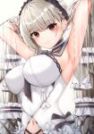  1girl absurdres armpits azur_lane blush breasts bridal_veil choker closed_mouth dress formidable_(azur_lane) hair_tie hands_in_hair highres large_breasts long_hair looking_at_viewer maid_headdress nahanmin navel platinum_blonde_hair red_eyes smile solo twintails veil very_long_hair white_dress 
