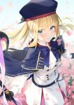  1girl absurdres artoria_pendragon_(caster)_(fate) artoria_pendragon_(fate) blonde_hair eyebrows_visible_through_hair eyes_visible_through_hair fate/grand_order fate_(series) flower gloves green_eyes hair_between_eyes hat highres holding holding_staff long_hair long_sleeves looking_at_viewer smile solo staff standing xkirara39x 
