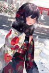  1girl :d bangs black_gloves black_hair blue_eyes blush bow commentary cowboy_shot day fang floral_print fox fur_scarf gloves hair_bow hair_ornament hairclip heterochromia japanese_clothes kimono long_sleeves looking_at_viewer obi original outdoors print_kimono red_bow sash short_hair smile snow solo standing symbol-only_commentary y_o_u_k_a yellow_eyes 