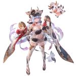 1girl animal_costume animal_ears animal_print blue_hair bow catura_(granblue_fantasy) cow cow_costume cow_ears cow_girl cow_hat cow_hood cow_horns cow_print cow_tail draph ear_piercing full_body gradient_hair granblue_fantasy horns micro_shorts minaba_hideo multicolored_hair official_art piercing purple_hair sheer_clothes shorts simple_background tail thigh-highs transparent_background violet_eyes white_shorts 