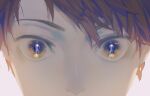  1boy bangs brown_eyes brown_hair close-up cmpovar english_commentary eye_focus eye_reflection face haiji_kiyose highres kaze_ga_tsuyoku_fuiteiru looking_at_viewer male_focus reflection simple_background solo swept_bangs 