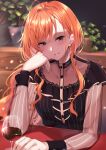  1girl arisugawa_natsuha blurry blurry_background blush breasts cup drinking_glass earrings flower_pot head_rest highres idolmaster idolmaster_shiny_colors jewelry kagari_leroy long_hair long_sleeves looking_at_viewer open_mouth orange_hair see-through sitting small_breasts solo upper_body wine_glass 