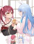  2girls animal_ears bangs blue_hair blush commentary_request cup eyebrows_visible_through_hair hair_between_eyes heterochromia highres holding holding_cup hololive houshou_marine long_hair looking_at_another mimizuku_(mmiganaru) multiple_girls parted_lips rabbit_ears red_eyes redhead translation_request twintails usada_pekora virtual_youtuber yellow_eyes 