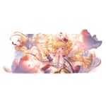  1girl angel_wings animal_ears bird blonde_hair blush boots candle chibi chicken eyebrows_visible_through_hair fake_wings fire granblue_fantasy hair_ornament hair_ribbon harvin hat jewelry long_hair looking_at_viewer mahira_(granblue_fantasy) minaba_hideo official_art ribbon star_(symbol) wings 