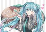  bangs black_shirt blue_eyes blue_hair blue_necktie blush breasts commentary eating food fork hand_on_own_cheek hand_on_own_face happy_birthday hatsune_miku heart holding holding_fork ice_cream looking_at_viewer multicolored_hair nagitofuu necktie one_eye_closed pink_hair shirt small_breasts smile sparkle streaked_hair twintails vocaloid 