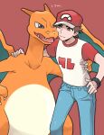  1boy baseball_cap blue_pants brown_eyes brown_hair charizard closed_mouth commentary_request hand_on_hip hat highres male_focus pants pokemon pokemon_(creature) pokemon_(game) pokemon_sm pumpkinpan red_(pokemon) red_headwear red_shirt shirt short_hair short_sleeves t-shirt 