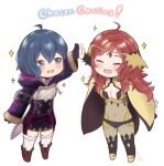  2girls ahoge bangs blue_eyes blue_hair bodystocking boots cape chibi circlet cloak fire_emblem fire_emblem_awakening fire_emblem_fates fire_emblem_heroes full_body high_five highres hood hooded_cloak long_hair medium_hair morgan_(fire_emblem) morgan_(fire_emblem)_(female) multiple_girls open_mouth ophelia_(fire_emblem) pyon-chart redhead teeth thigh-highs toeless_footwear toeless_legwear turtleneck upper_teeth 