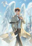  1boy absurdres angel_wings bai_qi_(love_and_producer) bangs belt belt_buckle bird black_necktie blue_sky brown_coat brown_eyes brown_hair brown_pants buckle closed_mouth clouds cloudy_sky coat earrings feathers hand_in_pocket highres jewelry long_sleeves love_and_producer necktie outdoors pants polo_shirt rabbitcamilla shirt sky solo white_shirt wings 